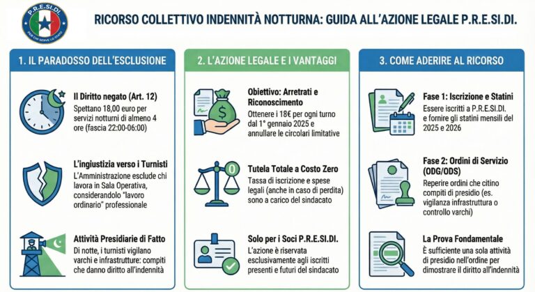 Indennità Notturna (Art. 12 DPR 52/2025): P.R.E.SI.DI. avvia il ricorso collettivo gratuito per il riconoscimento del diritto al personale turnista.